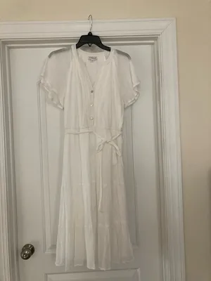 Luxology White Button-Front Midi Dress with Flutter Sleeves thumbnail 4