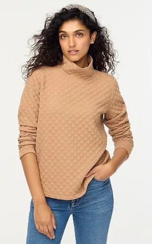J. Crew Womens Quilted‎ Mock neck Pullover Top Size S Tan Long Sleeve Capsule thumbnail 1