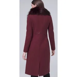 WHBM Burgundy Long Coat Removable Faux Fur Collar White House Black Market XS thumbnail 8