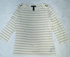 Lauren Ralph Lauren White and Gold Metallic Striped Boatneck Top thumbnail 5