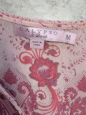 Calypso St Barth Pink floral silk Blouse Tassel Tie Top Floral V Neck Sheer Boho thumbnail 4