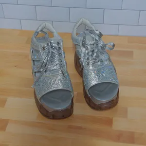 Anthony Wang Platform Sandals Silver Cutout Bedazzled Wedge Y2K 35 (US 4-4.5) thumbnail 2