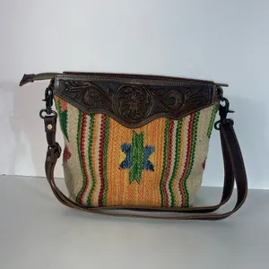 Myra handmade tooled bag leather & cotton carve detachable strap thumbnail 12