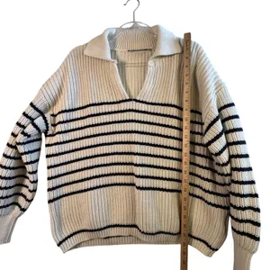 Zara Knit Rugby Sweater Womens Medium Cream Black Striped Collared Cotton Preppy thumbnail 7