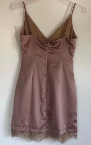 XS Brown Satin Slip Dress With Lace Trimming thumbnail 2