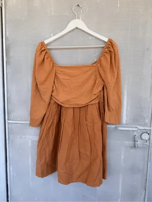 X Anthropologie heavy Linen Puff-Sleeve Midi Dress in Rust Brown thumbnail 3