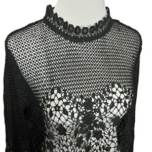 Bold Elements Black Crochet Lace Sheer Long Bell Sleeve Top XL thumbnail 4