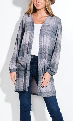 Farmcore Cowgirl Rustic Green Plaid Relaxed Long Cuff Sleeve Shacket Cardigan L thumbnail 1