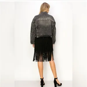 Rhinestone Embellished Frayed Denim Jacket in Black Stoned Washed thumbnail 3