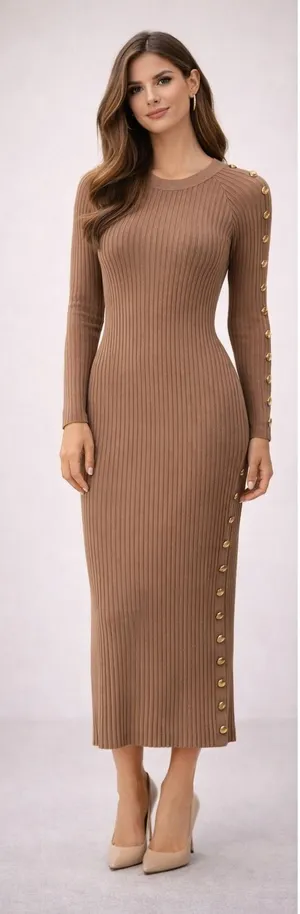 Bebe Ribbed Knit Bodycon Dress Womens XS Sesame Tan Gold‎ Button Shoulder Slit thumbnail 1
