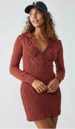 Free People Mont Blanc Mini Sweater Dress Red Jasper Auburn Sz M Cable Knit Zip thumbnail 1
