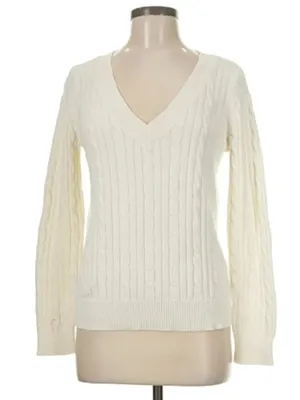Chaps Women's Size XL V-Neck Sweater Cream White Cableknit 100% Cotton thumbnail 1