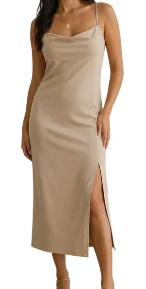 H&M Cream Beige Midi Slip Dress L NWT 90s Minimalist Clean Girl thumbnail 1