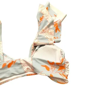 Womens Size Medium Bikini Top Light Blue White Orange Floral Birds Ruffle Straps thumbnail 7