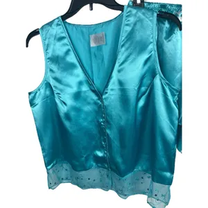 Aqua Blue Satin Feel Sleeveless Button Lace Top Shorts Pajama Set 1XLT thumbnail 2