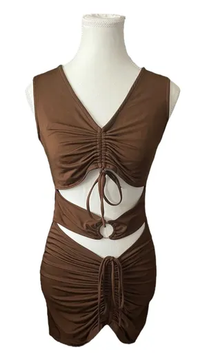 White Fox Brown Cutout Mini Dress Ruched Bodycon Sleeveless Party‎ Cocktail Sz M thumbnail 1