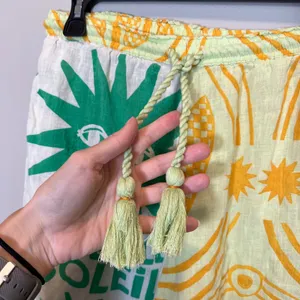 Anisa Anthropologie Soleil Wide Leg Sun Print Tassel Pants Green Yellow XS thumbnail 6