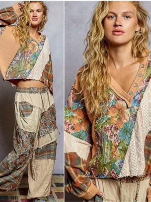 POL Patchwork V-Neck Pullover in Camel & Floral thumbnail 2