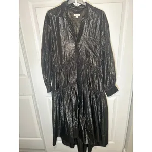 Pilcro Dress Tiered Shirtdress Medium Sheer Black Silver‎ Shimmer Long Sleeve thumbnail 2