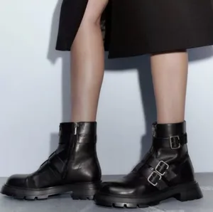 New Zara leather black Moto combat boots buckles and zippers EU 36 US 6 thumbnail 1