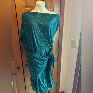 Grace Karin XL Green Sequin Cocktail Dress Asymmetrical Wrap Waist Holiday Party thumbnail 2