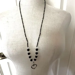 Silver tone and black beaded heart pendant necklace thumbnail 3