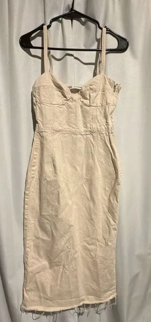 Zara Midi Dress Size S Beige Bustier Raw Hem Denim thumbnail 1