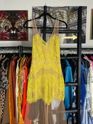 For Love Lemons Antigua Maxi Dress Chartreuse Lace Mesh Sheer Overlay Womens XS thumbnail 3