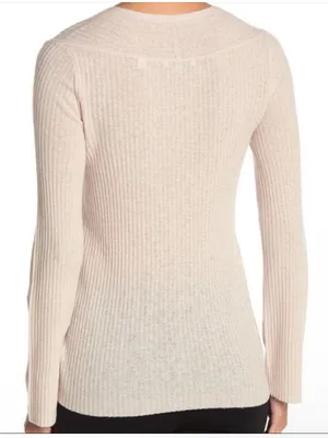 Vince‎ Medium V-neck ribbed wool cashmere blend sweater cream beige sheer thumbnail 4