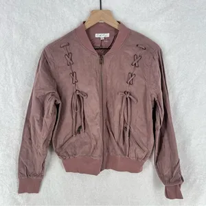 On The Road Mauve Pink Faux Suede Lace Up Zip Front‎ Bomber Jacket thumbnail 1