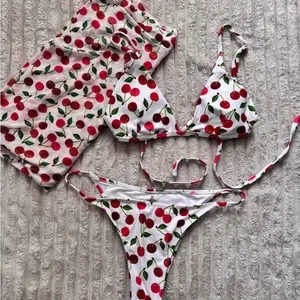 Cherry Print Bikini Set with Sarong White Size M thumbnail 1