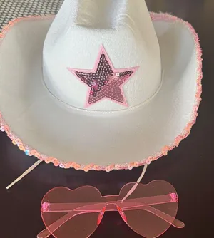 White Cowboy Hat with Pink Star and Heart Sunglasses NWOT thumbnail 2