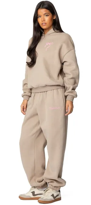 Edikted Sasha Bow Detail Hoodie & Sweatpants Set Beige Pink S thumbnail 1