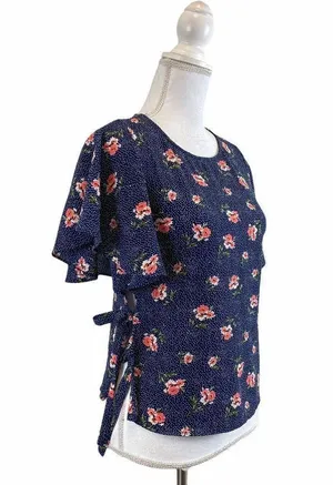 One Clothing XS Blue Dots Floral Top Tie Side thumbnail 5