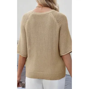 Saodimallsu Women's Short Sleeve Crew Neck Knit Pullover Sweater Khaki S thumbnail 3