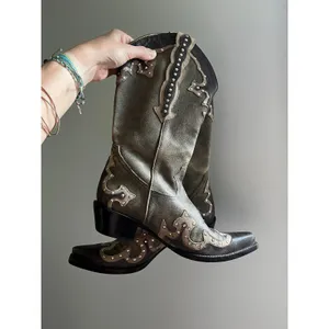 Gianni Bini Distressed Western Cowboy Boots 7.5 (fit like 6) Brown Leather Studded Rodeo Edgy thumbnail 8