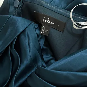 Lulus Stunning Arrival Dark Teal Satin Off-The-Shoulder Maxi Dress size M EUC thumbnail 7