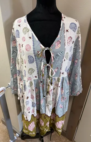 NWT‎ Label of Love Vacation by the Sea Shell Print Mini Dress Long Sleeve Tie Lg thumbnail 1