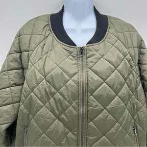 Zeagoo Women’s Green Khaki Quilted Bomber Jacket Black Bibbed neck Trim/Cuffs-L thumbnail 2