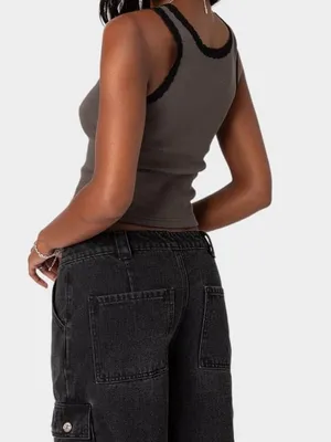 Edikted Alix Lacey Ribbed‎ Gray Scoop Crop Black Lace Trim Tank Top thumbnail 3