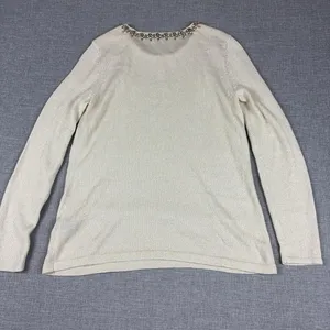 J McLaughlin Sweater Womens M White Jeweled Crew Neck Tight-Knit Pullover thumbnail 7