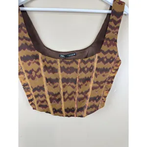 NWT Zara Mesh Corset Top Bustier Size M Brown Geometric Print Y2K Boho Chic thumbnail 2