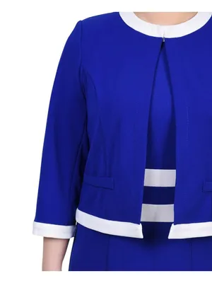 NY Collection Colorblock 2-Piece Dress and Jacket Set Sapphire Blue / White 6P thumbnail 13