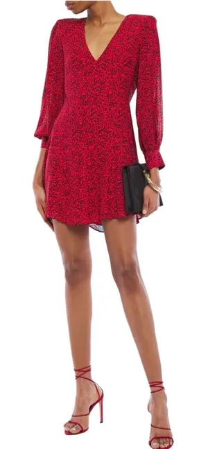 Alice + Olivia‎ Polly Red Leopard Print V-Neck Mini Dress Long Sleeve Size 4 thumbnail 1