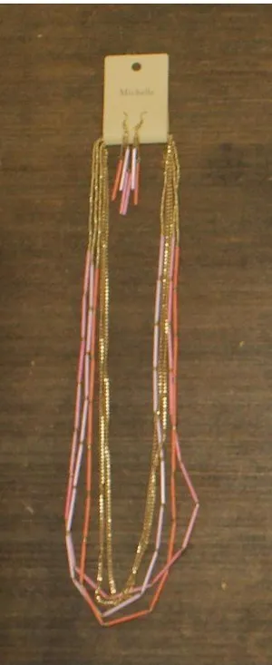 NWT Michelle Seed Beaded Dangly Earrings Necklace Set Gold / Pink 31" + 2" thumbnail 1