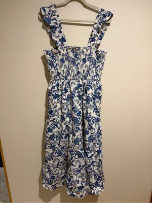 Quince Riviera Blue Heirloom Floral Cotton Poplin Smocked Tiered Midi Dress L thumbnail 6