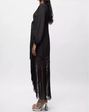 Zara dress midi black linen fringed fringes boho thumbnail 8