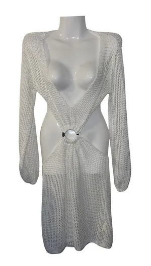 Long Sleeve Crochet Knit Cutout Beach Cover Up Dress Beach Resort Vacation thumbnail 1
