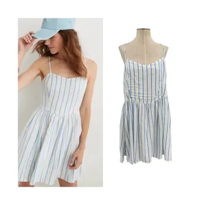 Aerie Love Of Linen Stripe Mini Dress Smocked Back Blue White NWT‎ XL thumbnail 2