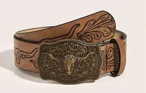 Western Style Bull Head Buckle Unisex Belt Vintage Embossed thumbnail 4